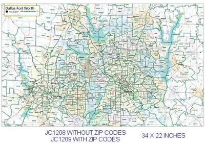Dallas - Fort Worth Zip Codes major thoroughfares 22x34